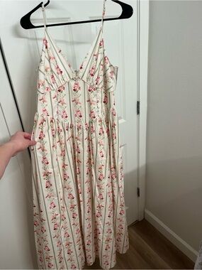 NICHOLAS Cream Cotton Maxi Dress with Pink Floral Stripe